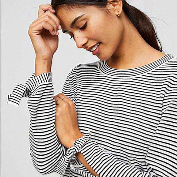 LOFT Wool Blend Striped Tie Cuff Sweater Top - Picture 2 of 7